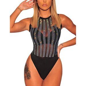 SHEER Mesh Turtleneck See Through Leotard Bodysuit Body Top Stretchy Sexy NWT